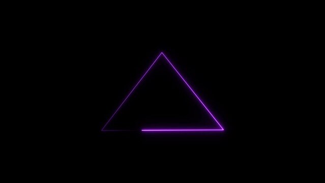 Purple neon light line running loop triangle animation. Black background 4k video.

