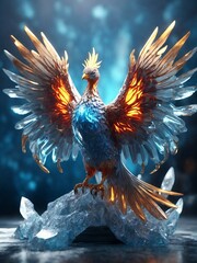 Illustration of a ice phoenix in fire. Symbol of rebirth. Fenix with ice wings and feathers 