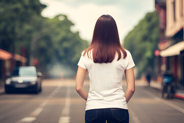 Fototapeta premium Brunette woman in white is walking on the street