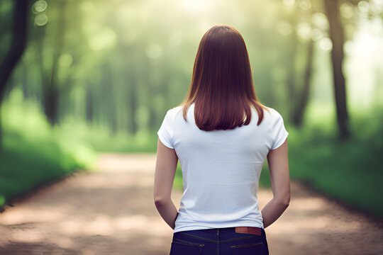 Dark hair woman in white t-shirt stands in the park mockup