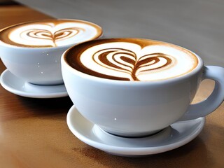 White cups coffee on brown wood table with Latte and heart shaped on cups