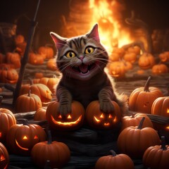 illustration of a cat and Halloween pumpkin. Halloween Cat and Jack o Lantern Background. Generative Ai.