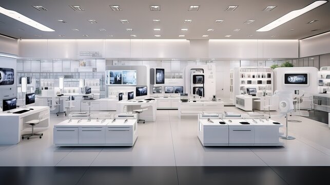 An image of a minimalist, modern computer and tech devices store, designed with white tones. Generative AI.