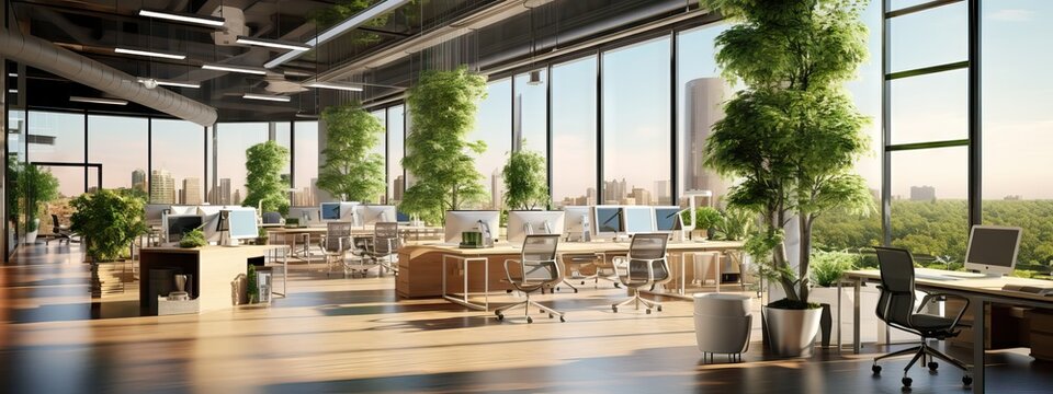 An image of a modern office with collaborative workspaces, green spaces, and a stunning panoramic view of the city. Generative AI.