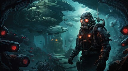 An image of a diver outside a secret underwater base, in a sci-fi setting. Generative AI.