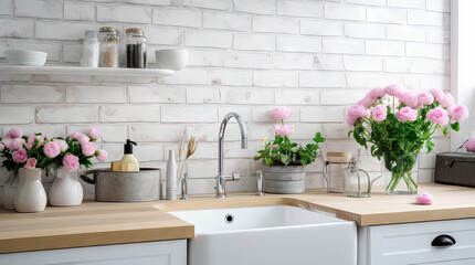 Fototapeta na wymiar Closeup of kitchen interior. White brick wall, metro tiles, wooden countertops with kitchen utensils. Roses flowers in black sink. Modern scandinavian design. Home staging, cleaning concept.