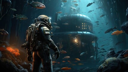 An image of a diver outside a secret underwater base, in a sci-fi setting. Generative AI.