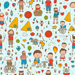 Seamless pattern with child pencil drawing cute cartoon and family drawing. Generative AI