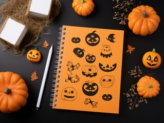Top view Blank notebook on wooden table with traditional Halloween deco pumpkin, autumn leaves and warm plaid. Cozy concept of autumn holidays, Flatlay. Copy space. Generative Ai.