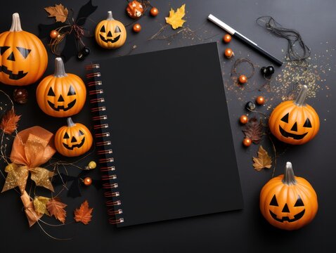 Top view Blank notebook on wooden table with traditional Halloween deco pumpkin, autumn leaves and warm plaid. Cozy concept of autumn holidays, Flatlay. Copy space. Generative Ai.