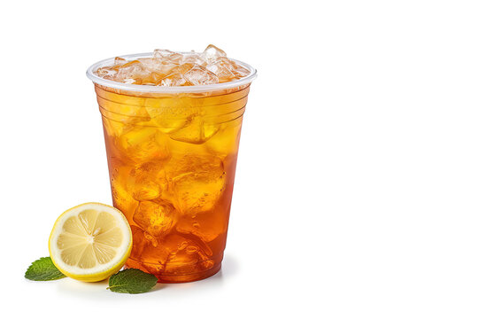 Iced lemon tea on plastic take-away glass isolated on white background with copy space