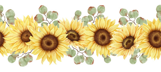 Watercolor hand painted sunflower seamless border. Fall loral horizontal pattern. Yellow flowers, leaves and plants. Autumn arrangement. Botanical illustration.