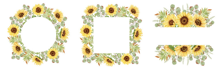 Watercolor hand painted sunflower frames and wreaths set. Yellow flowers, eucalyptus, rosehip, leaves and plants. Autumn floral borders and corners. Fall clipart. Botanical illustration.