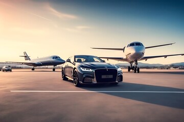 Fototapeta na wymiar Super car and private jet on landing strip. Business class service at the airport