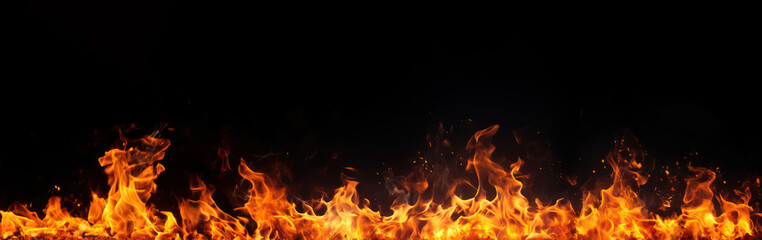 Fire flames isolated on black background with copy space for your text, Generative AI