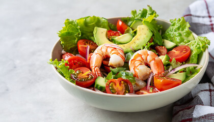 Fresh summer salad with shrimp, avocado and tomato cherry in bowl on light table. Concept of healthy eating.