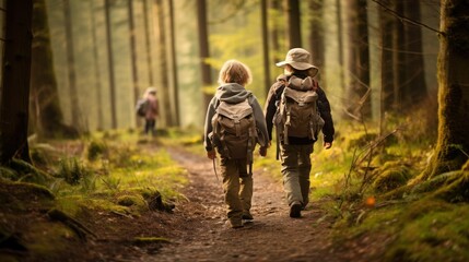 Couple of Children hikers walking in a pine forest with backpacks, Generative AI