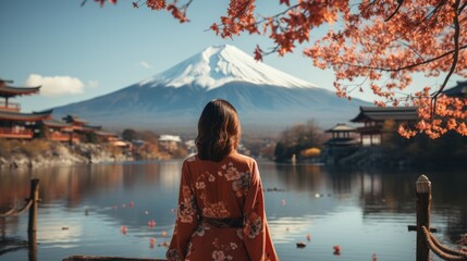 Mt. Fuji in autumn with red maple tree at lake kawaguchiko, Generative AI