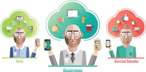 Digital png illustration of seo business social media texts on transparent background