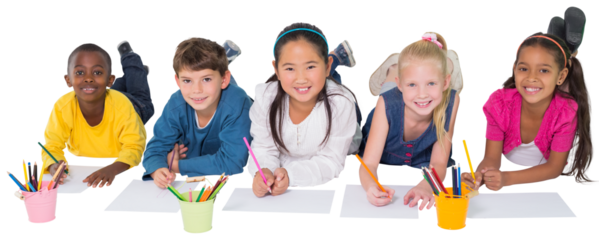 Digital png photo of children with sheets of paper and coloured pencils on transparent background