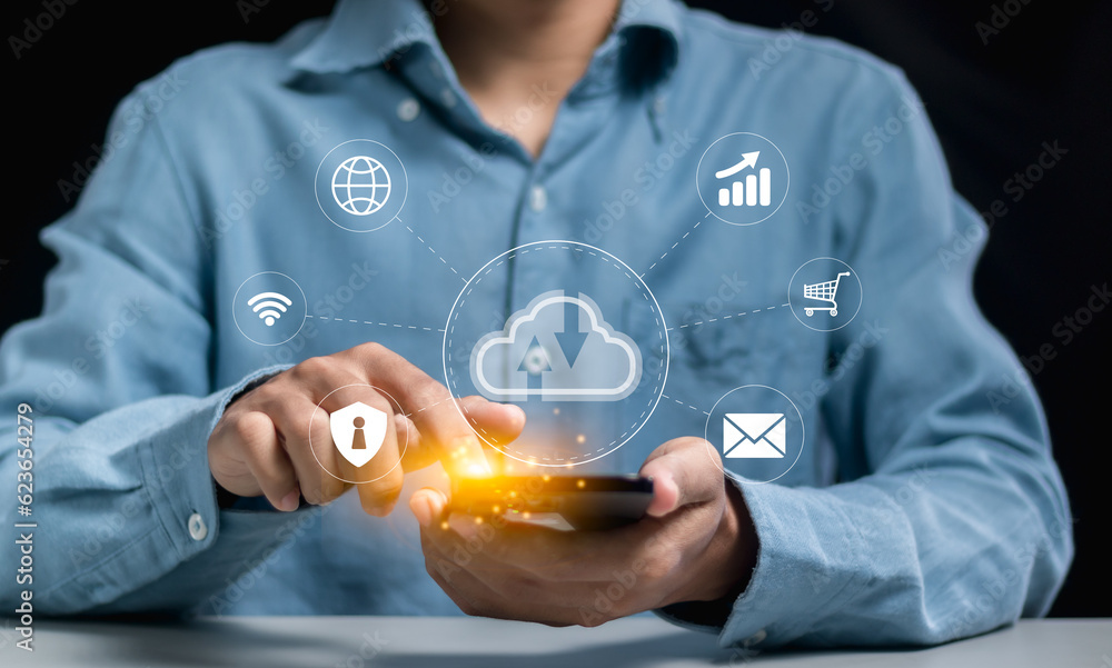 Poster storage network cloud service concept, cloud data transfer and online storage for business networks,