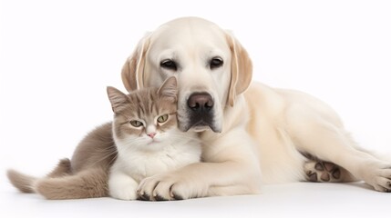 Dog and cat cuddling together