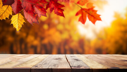 Wooden table and blurred Autumn background. Autumn concept with red-yellow leaves background. - obrazy, fototapety, plakaty