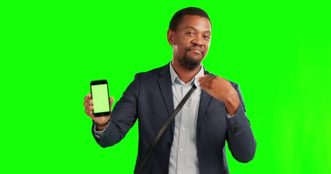 Green screen, thumbs down and businessman phone or mobile app with bad review, no and refuse poor service. Sad, emoji and man corporate unhappy with hand gesture for ux, app or website feedback