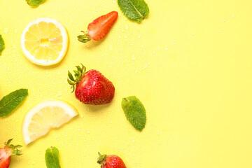 Ingredients for preparing strawberry lemonade on yellow background