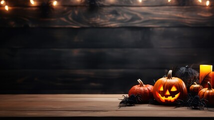 Halloween pumpkin jack lantern on wooden background. Generative Ai.