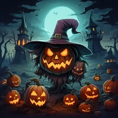 Jack O&rsquo; Lanterns pumpkins glowing at spooky mysterious Halloween night. Scary creepy nightmare Halloween concept design. 3D illustration. Generative Ai.