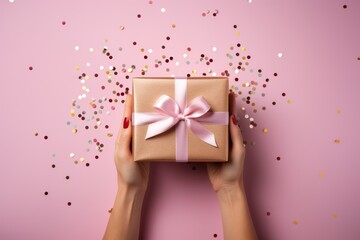 Female hands holding a gift box on a pink background with confetti, Generative AI