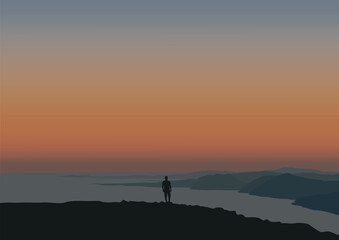 Beautiful landscape in mountains with person. Vector illustration in flat style.