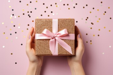 Female hands holding a gift box on a pink background with confetti, Generative AI