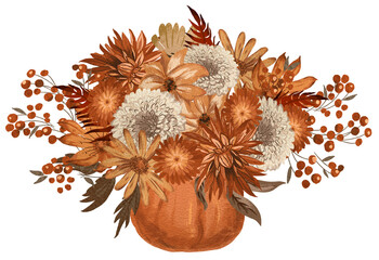 Autumn floral bouquet with pumpkin digitally painted illustration