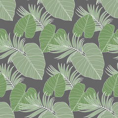 Green tropical seamless pattern with various leaves on a gray background. Pattern for textiles, wrapping paper, wallpapers, covers, decor