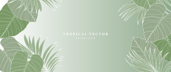 Green tropical background with big leaves. Botanical background for decor, wallpapers, covers, postcards and presentations. Frame for text or photo