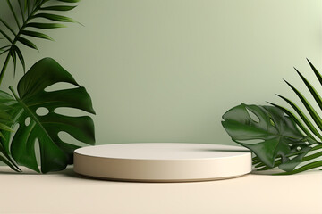 Minimal podium for product presentation with tropical leaves. Background for cosmetic product branding. Generative AI