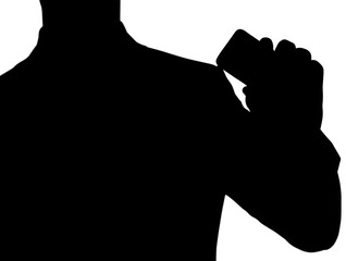 Digital png illustration of silhouette of man using smartphone on transparent background
