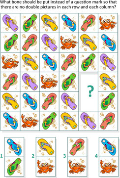 Picture domino sudoku puzzle with flip-flops and crabs on the beach
