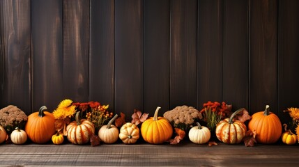 Autumn background with pumpkins, leaves and flowers on wooden background, Generative AI