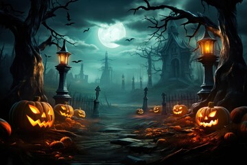 Halloween pumpkins in spooky dark forest at night. Halloween background, Generative AI