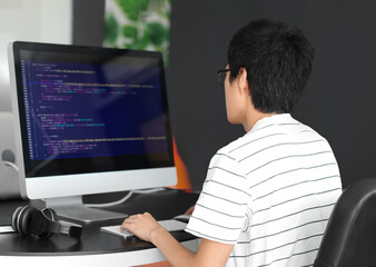 Male Asian programmer working with computer in office