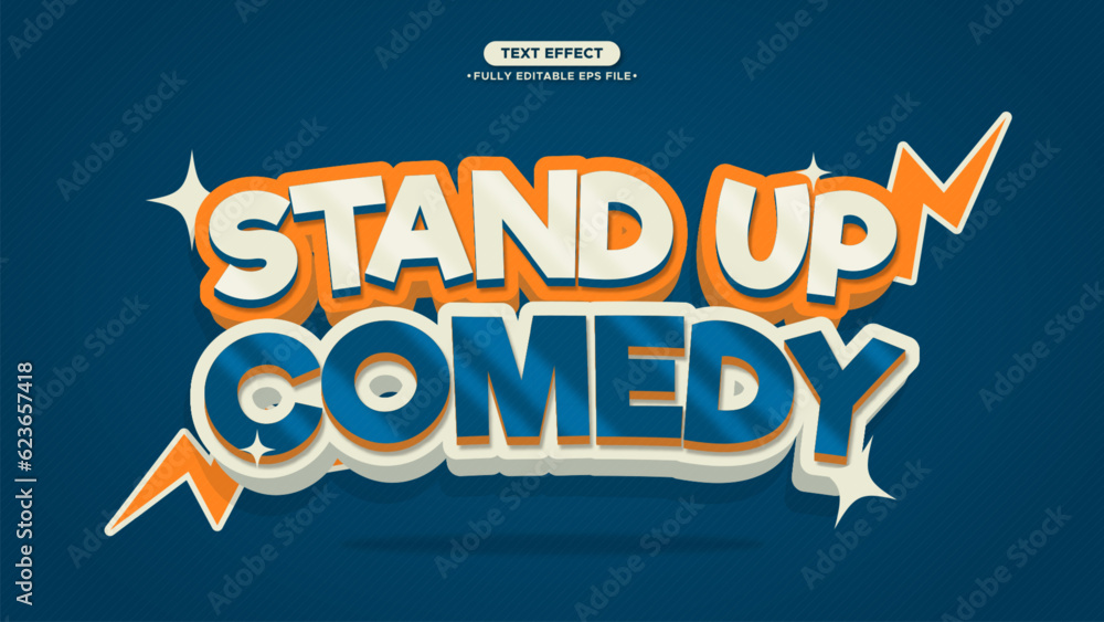 Poster stand up comedy editable text effect. with orange and cream color text with blue background color