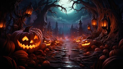 Halloween pumpkins in the graveyard on the spooky Night. Halloween background concept. Generative Ai.