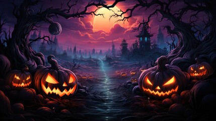 Halloween pumpkins in the graveyard on the spooky Night. Halloween background concept. Generative Ai.