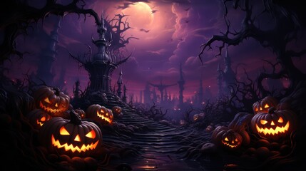 Fototapeta premium Halloween pumpkins in the graveyard on the spooky Night. Halloween background concept. Generative Ai.