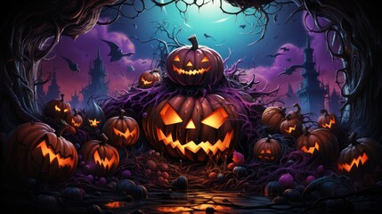 Halloween pumpkins in the graveyard on the spooky Night. Halloween background concept. Generative Ai.