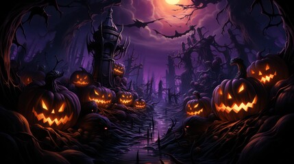 Fototapeta na wymiar Halloween pumpkins in the graveyard on the spooky Night. Halloween background concept. Generative Ai.