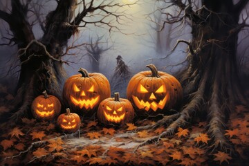 Halloween pumpkins in the graveyard on the spooky Night. Halloween background concept. Generative Ai.